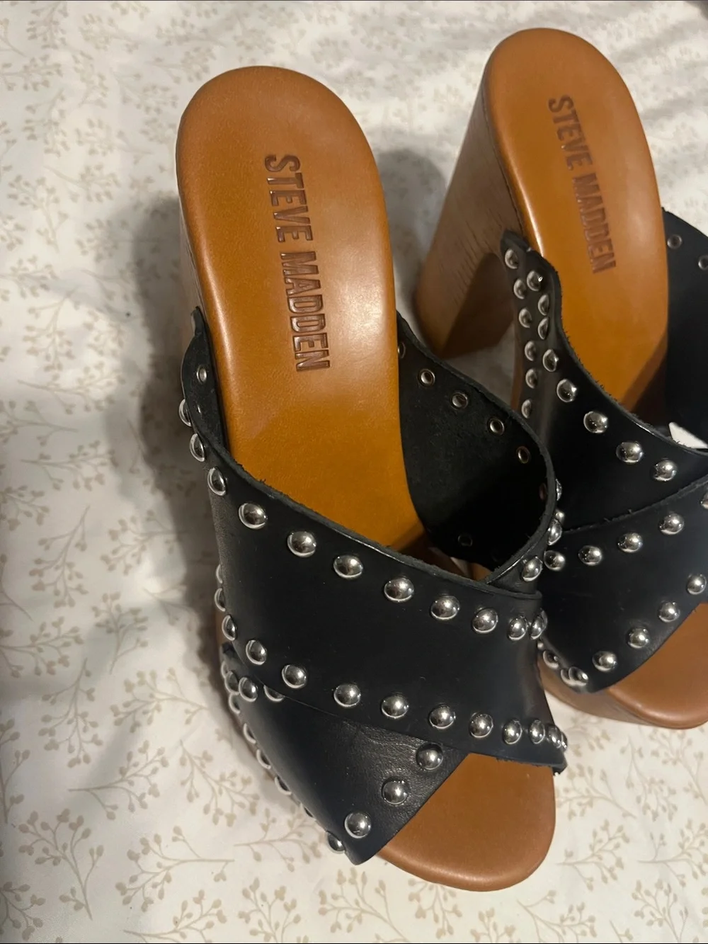 Steve Madden Black Studded Platform Clog Mules with Wood Heel